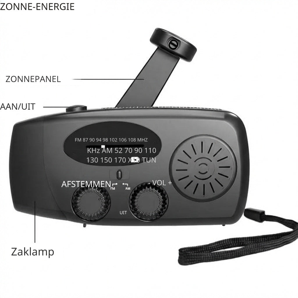 Starterversie Noodradio AM/FM – Compact 2.000mAh Powerbank– Solar, Dynamo & LED-zaklamp