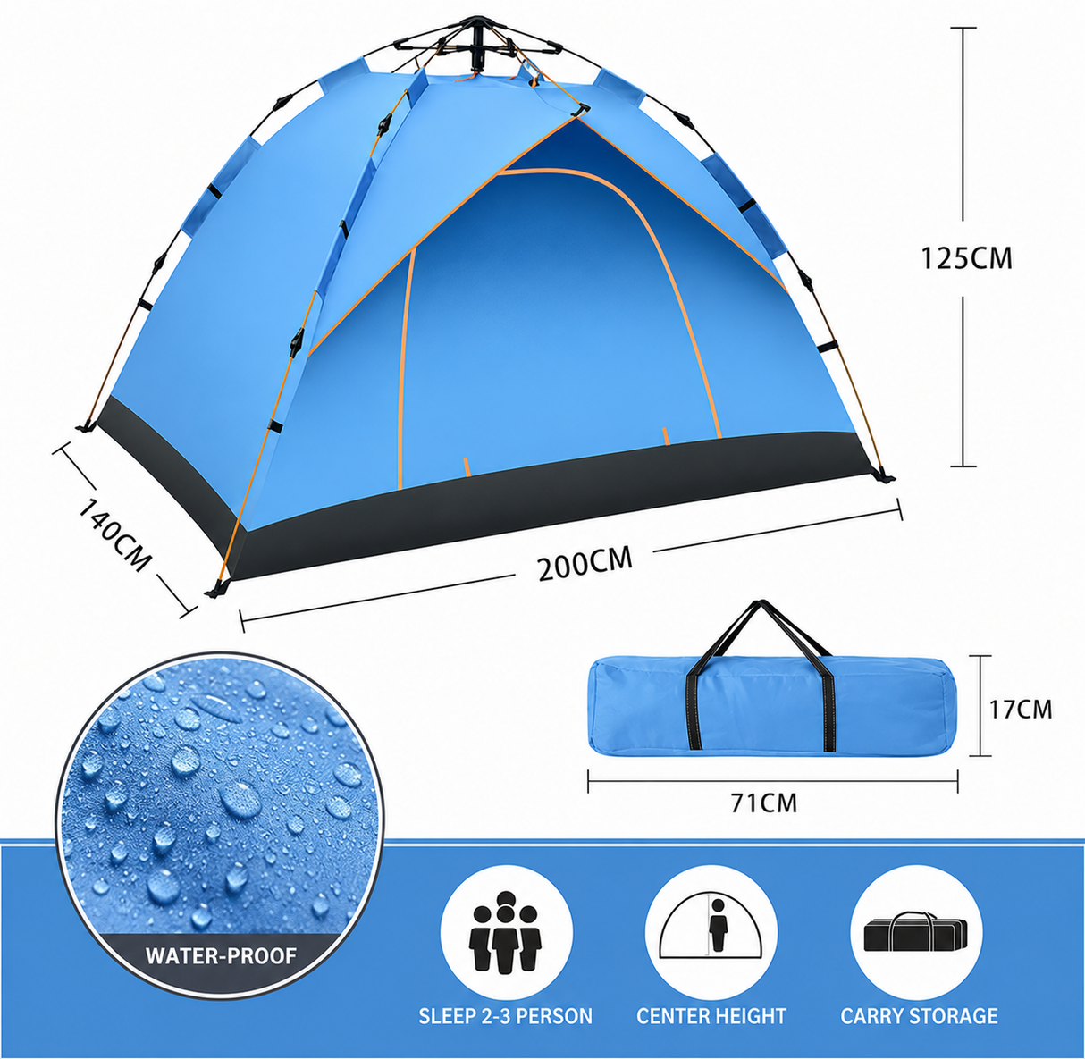 RezReady Kampeertent 1-2 volwassenen/kinderen – maat 200x140 cm – Vierseizoen, Waterdicht & Snel te Openen