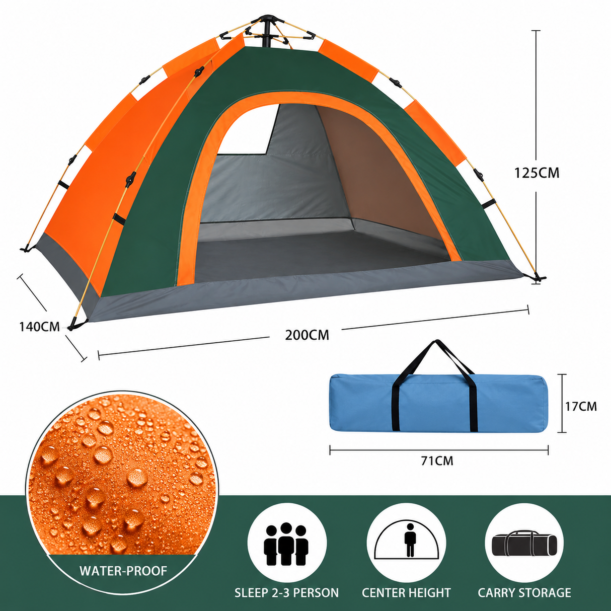 RezReady Kampeertent 1-2 volwassenen/kinderen – maat 200x140 cm – Vierseizoen, Waterdicht & Snel te Openen
