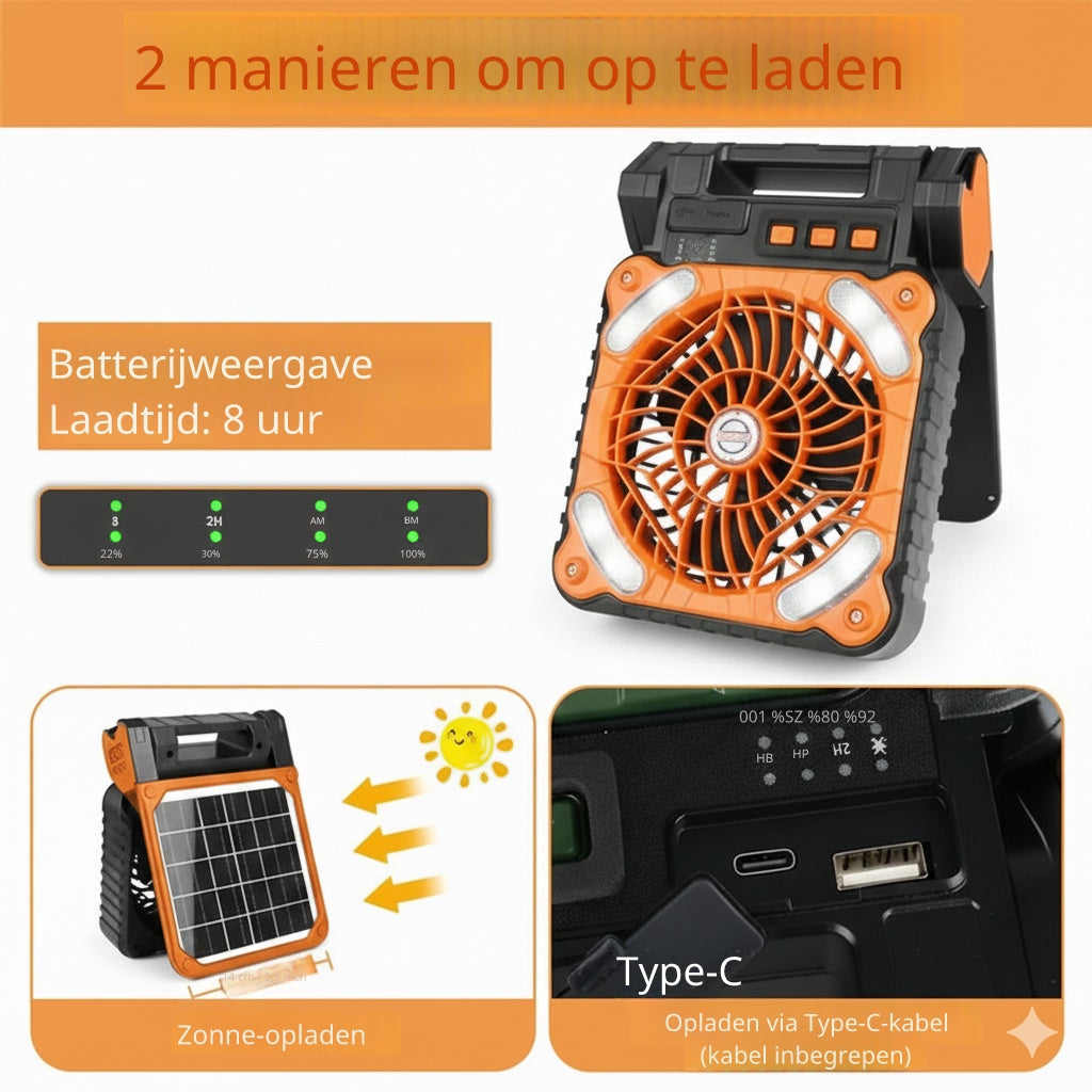 Campingventilator XSY99 – 5200mAh Solar, USB & LED-verlichting