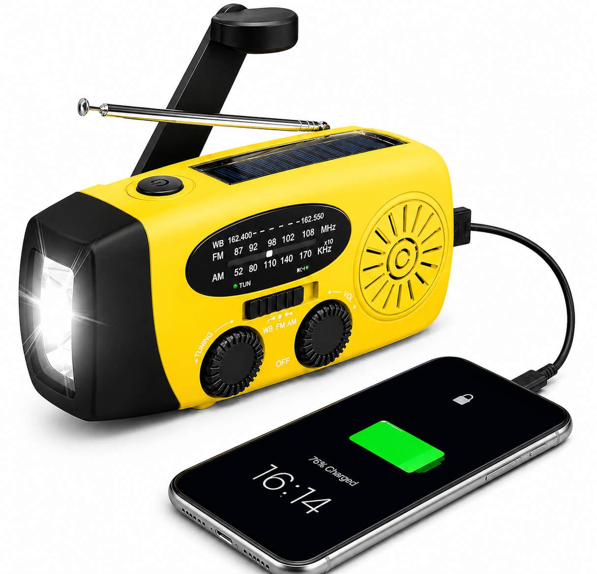 Starterversie Noodradio AM/FM – Compact 2.000mAh Powerbank– Solar, Dynamo & LED-zaklamp