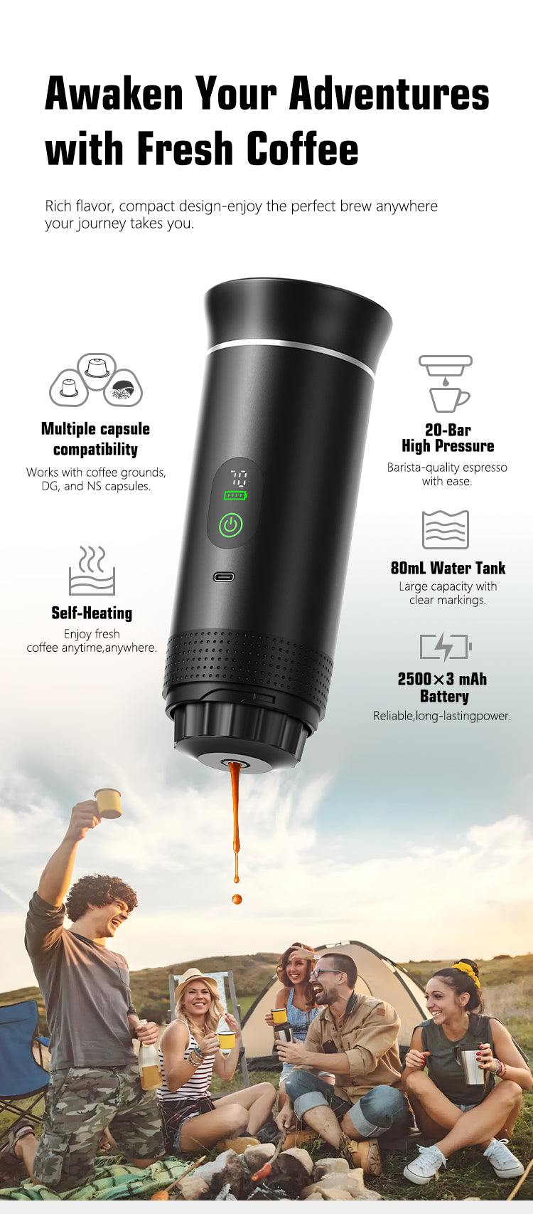 Brewezza Portable Koffiezetapparaat – Compact & Lichtgewicht – USB Oplaadbaar – Ideaal voor Reizen & Outdoor