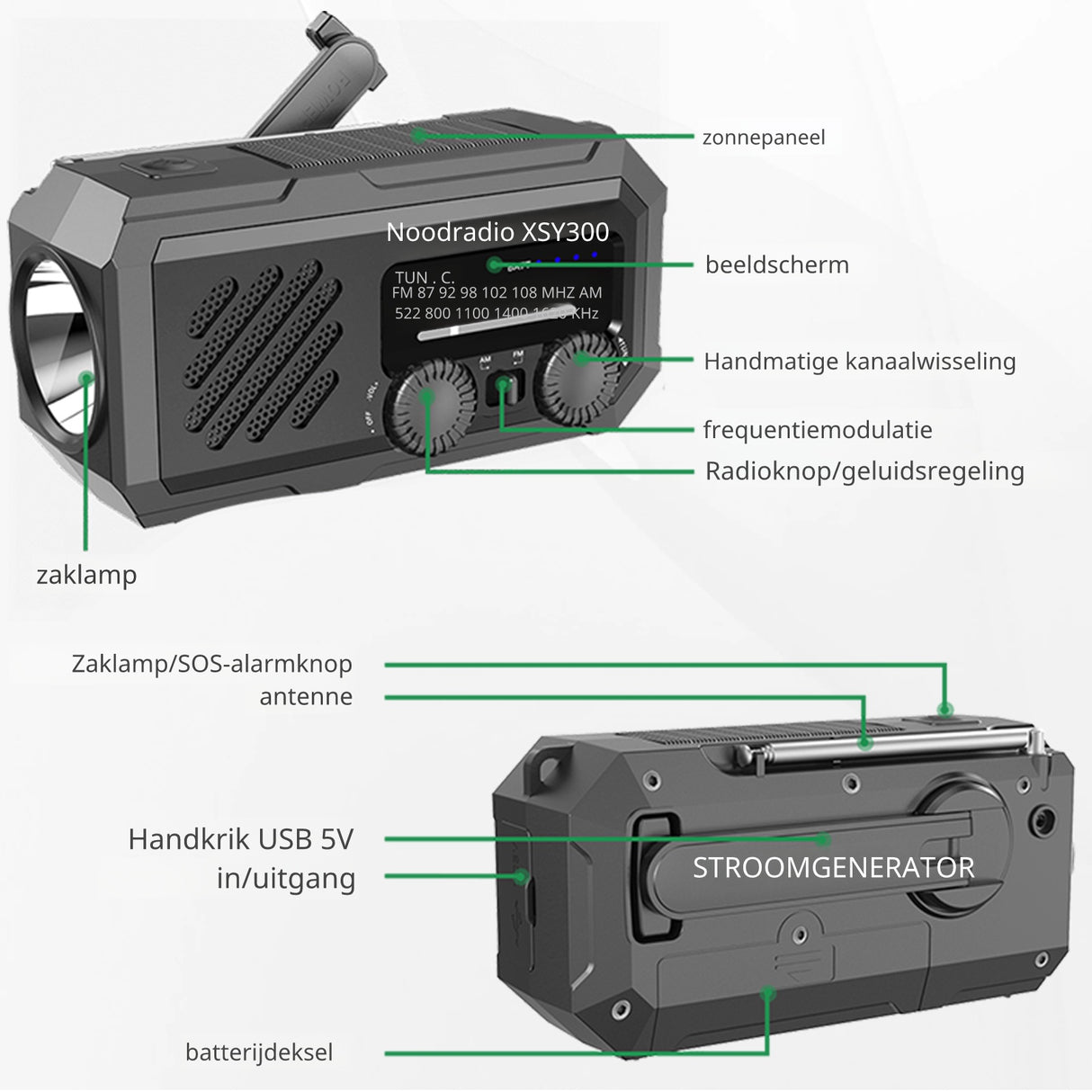 Noodradio XSY300 AM/FM & LED-zaklamp - 2.000mAh Powerbank – Solar & Opwindbaar