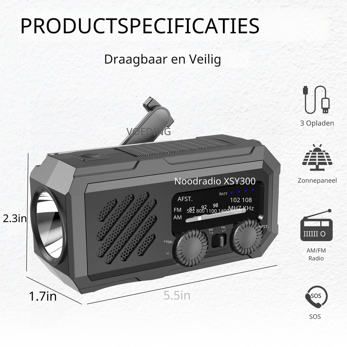 Noodradio XSY300 AM/FM & LED-zaklamp - 2.000mAh Powerbank – Solar & Opwindbaar