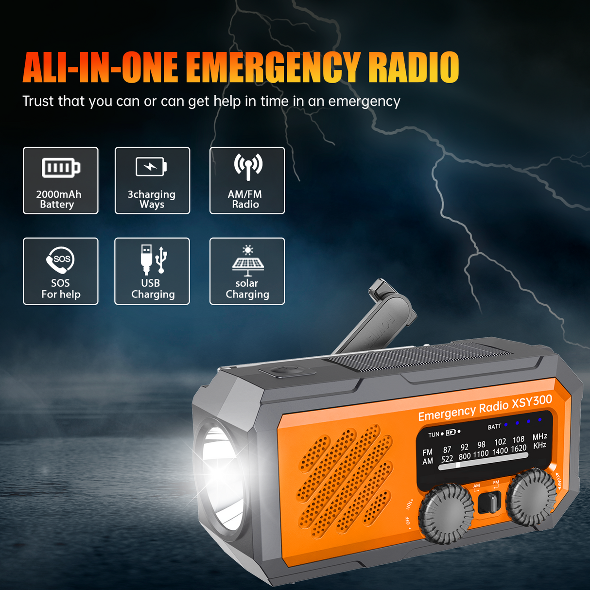Noodradio XSY300 AM/FM & LED-zaklamp - 2.000mAh Powerbank – Solar & Opwindbaar