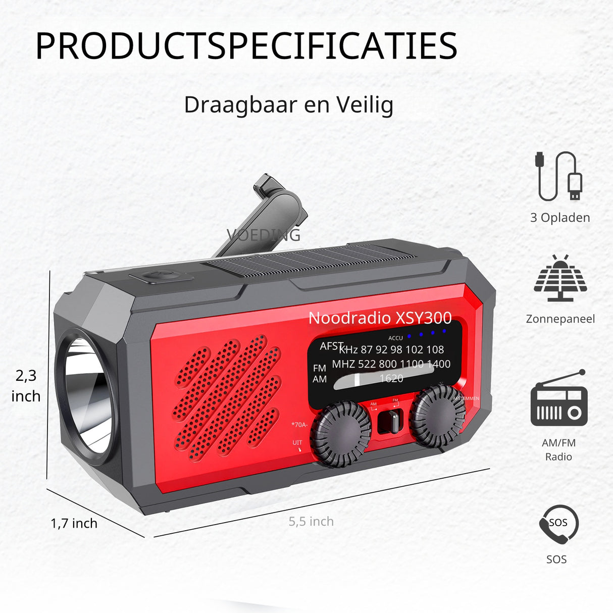 Noodradio XSY300 AM/FM & LED-zaklamp - 2.000mAh Powerbank – Solar & Opwindbaar