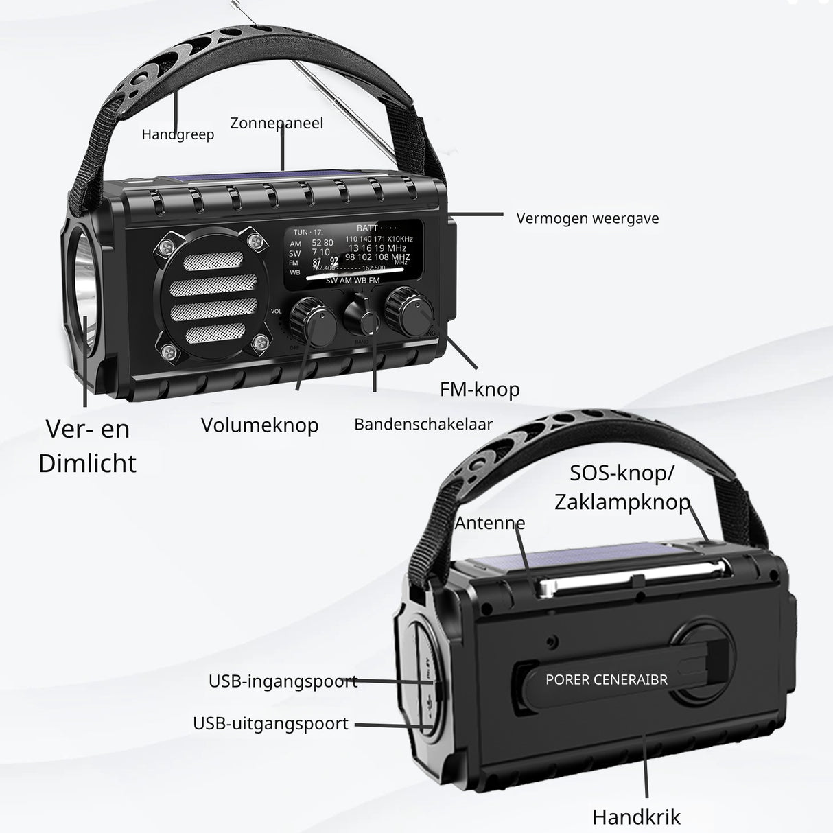 Noodradio XSY350 AM/FM/SW – 20.000mAh Powerbank – Solar, Dynamo, IPX6 & LED-zaklamp