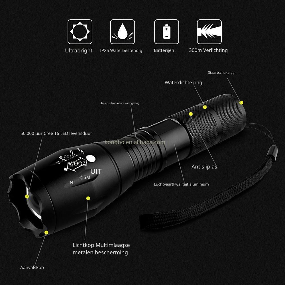 LED-zaklamp FA02 – Verstelbare Focus, 5 Standen & Waterbestendig