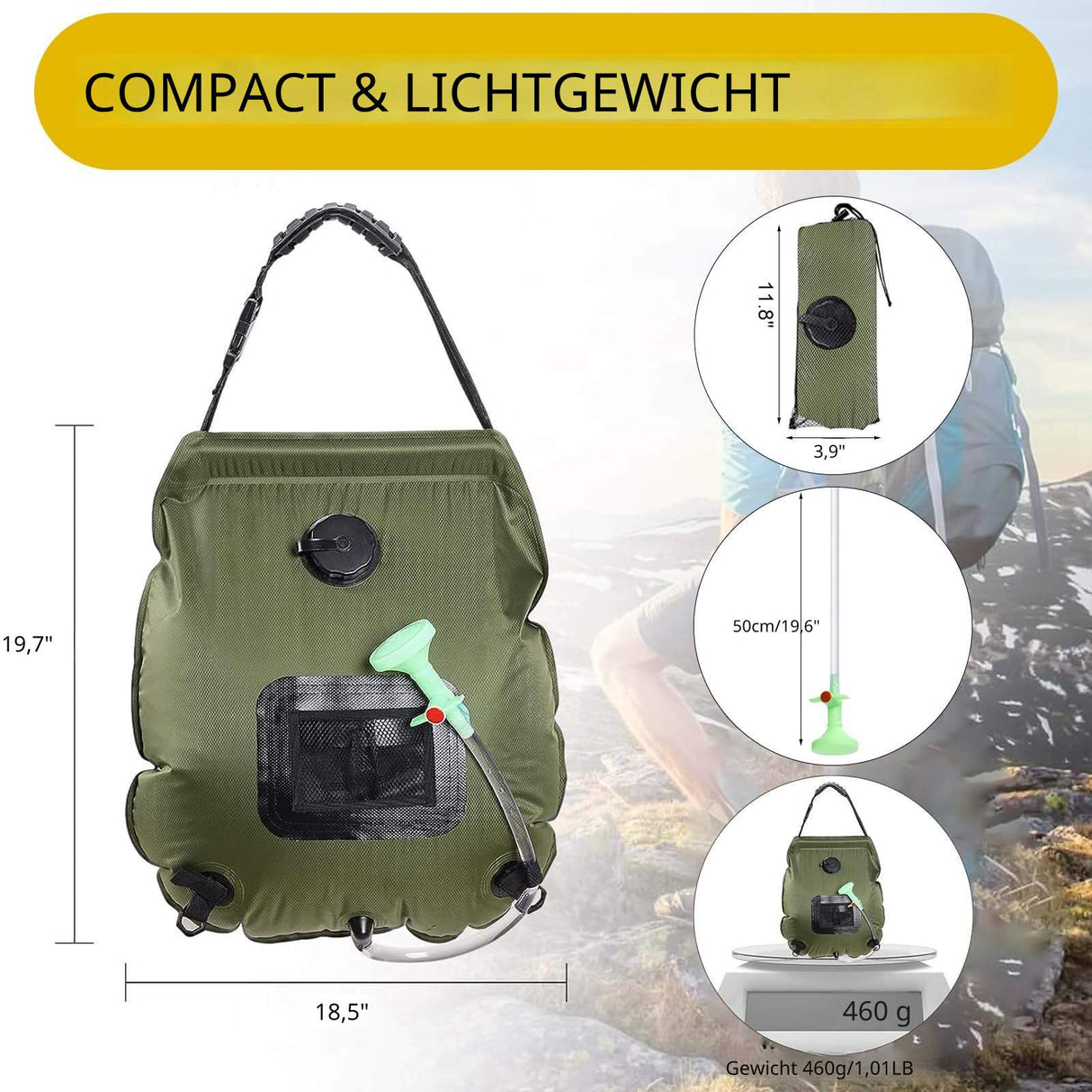 Draagbare Campingdouche – 20L Zonne-energie Douchezak